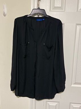 Apt. 9 Black Long-Sleeve Button-Front Blouse with Chest Pockets